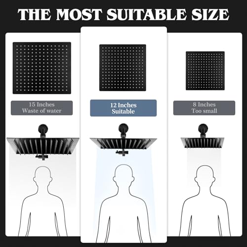 12 Inch Shower Head, Rain Shower Head with Adustable Extension Arm, Detachable Matte Black Rina Shower Head with Handheld Spray, High Pressure Shower Hose with Holder in Bathroom(Black) - color: Black, size: 12 Inch - Standard