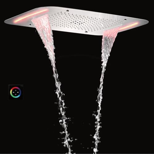 Cascada Luxurious Design 17"x28" Recessed LED Shower System with 6 Functions (Rainfall, Waterfall, Rain Curtain, Misty, 4"Body Jets & Handheld), & Shower Sliding Bar (Polished Gold) - color: Polished Gold