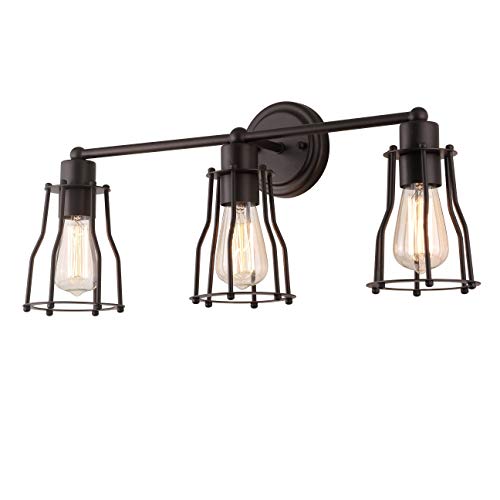 JONATHAN Y Evelyn 3-Light Metal Vanity Light 24", Oil Rubbed Bronze | Industrial Farmhouse Reversible Wall Sconce, Cage Shade, For Hallway, Bathroom Sconce for Mirror, LED Bulb Included - color: Oil-Rubbed Bronze, size: 3 Bulb