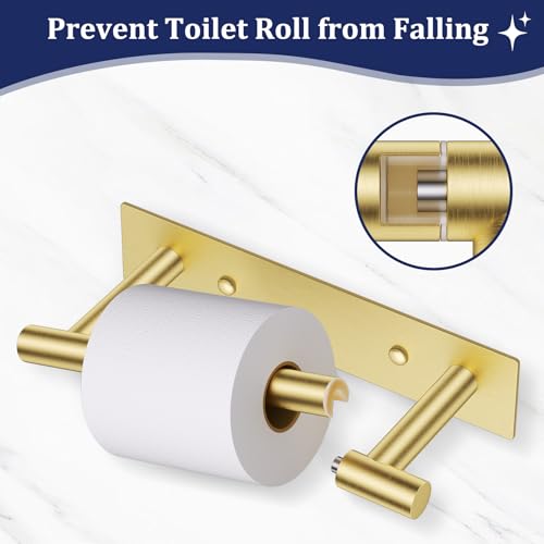 Brushed Gold Toilet Paper Holder, Adhesive or Screw Toilet Roll Holder Wall Mount, SUS304 Stainless Steel Double Post Pivoting Toilet Roll Holder for Bathroom, Kitchen, Washroom - color: Brushed Gold