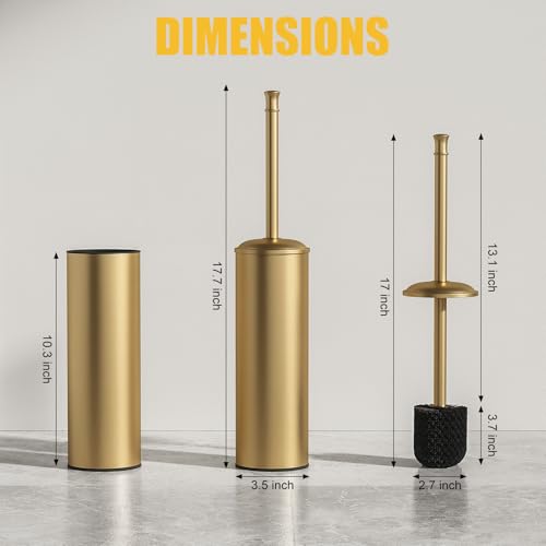 Toilet Brush and Holder, Toilet Cleaner Bowl Set with Two Brush with Extra Long Handle, Durable Bristles Toilet Scrubber and Covered Holder, Drip-Proof Stainless Steel Brushed Gold - color: Brushed Gold