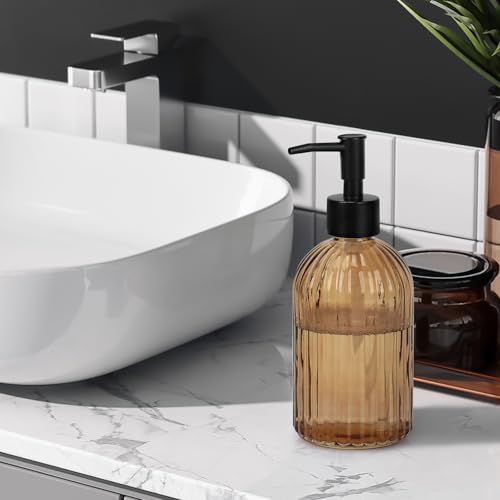 Glass Soap Dispenser with Plastic Pump, Hand Soap Dispenser for Hand Wash, Lotion Dispenser for Dishwashing Liquid, Lotion Shower Gel (Striped Brown) - color: Striped Brown