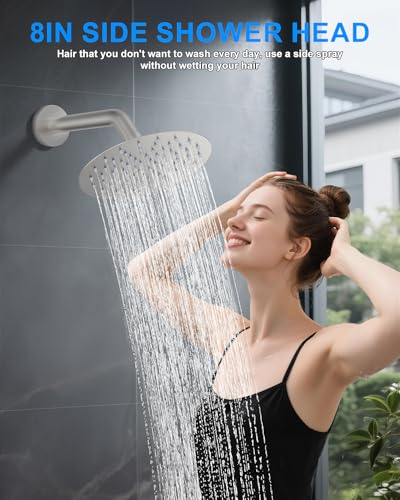 Shower System with Pressure Balance Valve, 10" Ceiling Mount Shower Faucet Set with 2 Rain Head and Multi-function Handheld Push Button Diverter Valve Kit,Brushed Nickel - color: Brushed Nickel, style: 10"-Round