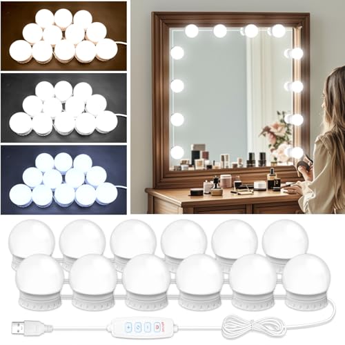 LED Vanity Mirror Lights with 12 Stick On Dimmable Bulbs, 3000K 4500K 6500K & 10 Brightness Levels Adjustable, Plug in USB Cable, Hollywood Style Mirror Lights for Makeup Desk Bathroom Dressing Room - size: 12 Bulbs