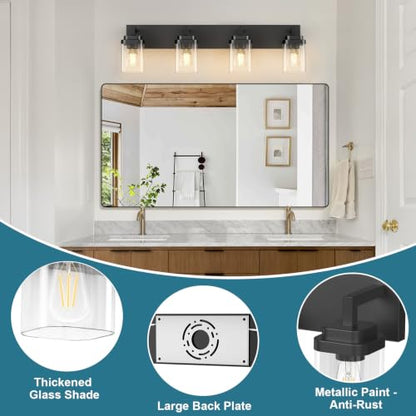 Matte Black Bathroom Light Fixtures, Modern Vanity Lights with Clear Glass Lamp Shade, Bathroom Lighting Fixtures Over Mirror, Restroom Vanity Lighting Fixture, 4-Light 30 Inch - color: Blakc, size: 4-Light