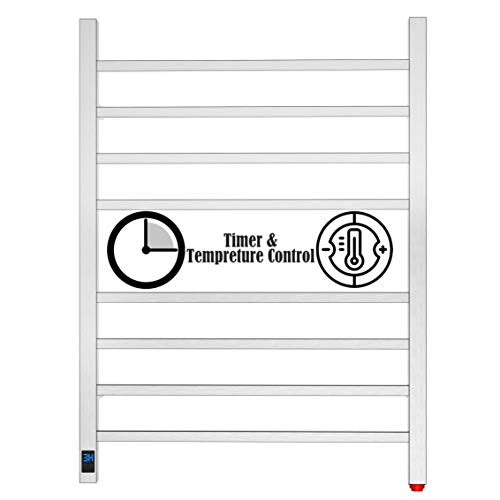 HEATGENE 8-Bar Square Towel Warmer, Heated Towel Rack, Timer, Brushed | 8 Square Bars With Timer And Temperature Control, 304 Stainless Steel Construction, Plug-In Or Hardwired Installation - color: Brushed