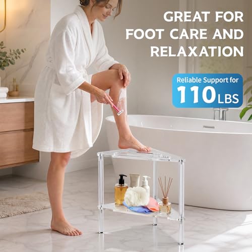Acrylic Corner Shower Stool for Shaving Legs - Clear Triangle Shower Stool with 2-Tier Storage Shelf - Modern Bathroom Step Stool - Includes 1 Bath Sponge & 2 Shower Loofahs for Exfoliation