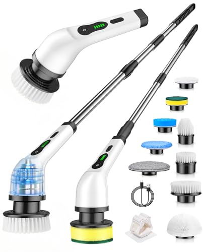 Cordless Electric Spin Scrubber, 9 Brush Heads, 2-Speed Motor | Floor cleaning, bathroom scrubber, tile floor scrubber, extension arm, IPX7 waterproof, tub, sink, grout, wet- dry vacuum - size: 9heads