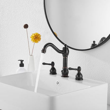 2 Handles 3 Holes Faucet Widespread Bathroom Sink Faucet Basin Tap Mixer Supply Hose Included Matching Pop Up Drain Oil Rubbed Bronze - color: Oil Rubbed Bronze, size: Widespread