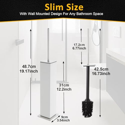 Toilet Brush and Holder Floor Standing, White with 2 Replaceable Heads, Bathroom Toilet Brush, Freestanding Toilet Bowl Brush with Removable Liner and Splash Guard, Modern Square Design - color: White-standing