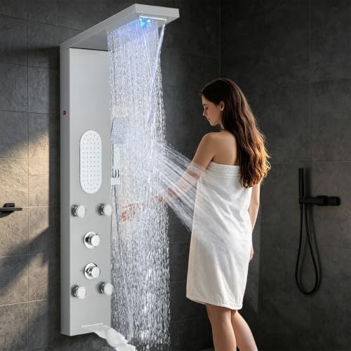 Luxury Shower Tower System with LED Shower Head, 5 Functions Shower Panel Tower System with 4 pcs Body Massage Jets,Stainless Steel Wall Mount Massage Shower Panel Tower System Brushed Nickel - color: Brushed-8125
