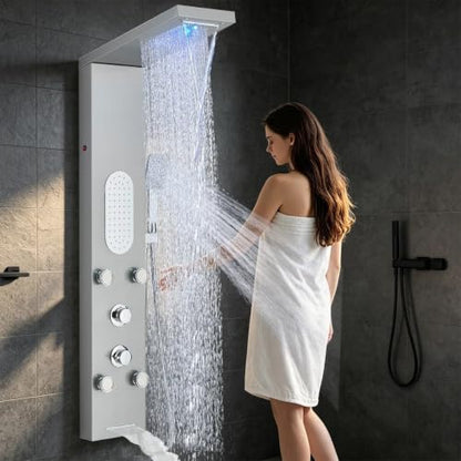 Luxury Shower Tower System with LED Shower Head, 5 Functions Shower Panel Tower System with 4 pcs Body Massage Jets,Stainless Steel Wall Mount Massage Shower Panel Tower System Brushed Nickel - color: Brushed-8125