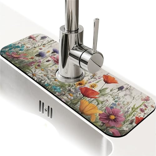 Kitchen Sink Splash Guard，wildflowers-in the meadow Faucet Mat Sink Gadgets-Super Absorbent Fast Drying Mat Drip Catcher for Kitchen, Bathroom,Sink Mat, Dish Drying Mat, Bathroom(15" X 5.5" ) - color: wildflowers-in the meadow