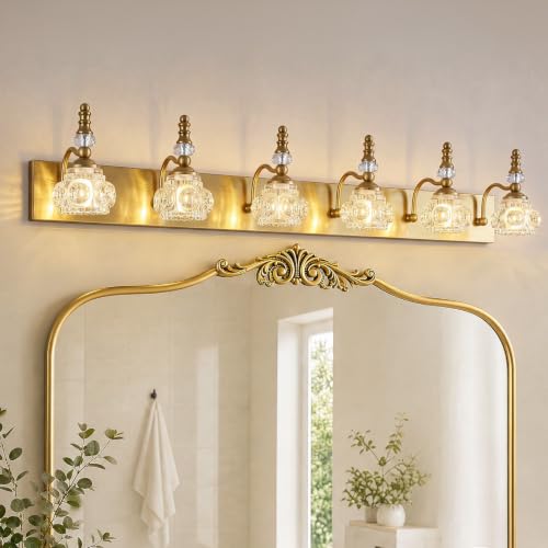 Modern Glass Crystal Vanity Light - Vintage Bathroom Lighting Fixtures Over Mirror 6 Light Vanity Lights G9 Bulb (43.3 Inch, Gold) - color: Gold, size: 6-light