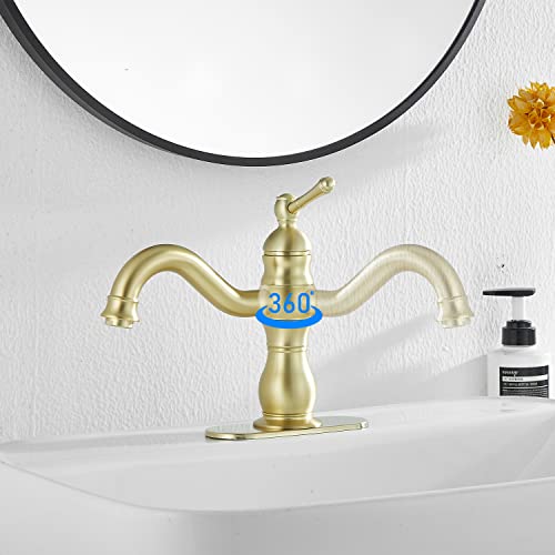 Bathroom Faucet Brushed Gold GGStudy 360° Swivel Bathroom Vanity Faucet Single Handle One Hole Bathroom Sink Faucet Basin Matching Pop Up Drain with Overflow - color: Brushed Gold, size: Short