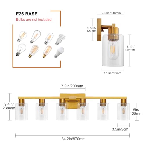 Gold 6 Light Bathroom Vanity Light Brush Gold Bathroom Light Fixtures Brass Vanity Lights for Bathrrom Large Wall Sconce with Clear Glass Shade E26 Socket - color: Gold, size: 6 Light