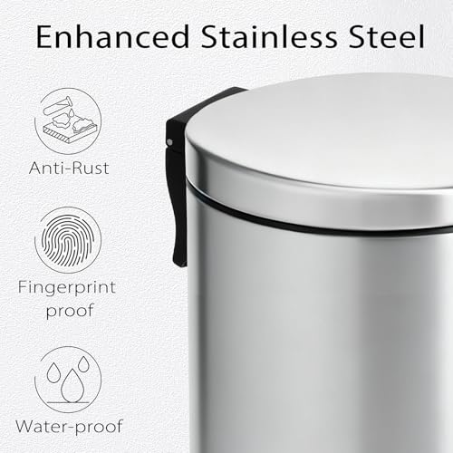 TIPGO Small Bathroom Trash Can with Lid Soft Close, 1.2 Gal, Silver | Hands-Free Step Pedal, Removable Inner Bucket, 4.5 Liters, Round Stainless Steel Garbage Can for Bedroom, Office, Kitchen - color: Silver