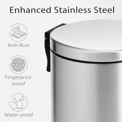 TIPGO Small Bathroom Trash Can with Lid Soft Close, 1.2 Gal, Silver | Hands-Free Step Pedal, Removable Inner Bucket, 4.5 Liters, Round Stainless Steel Garbage Can for Bedroom, Office, Kitchen - color: Silver