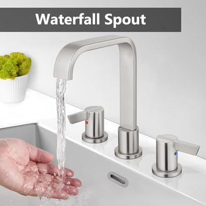 Brushed Nickel Bathroom Faucet 3 Hole 8 Inch Widespread Waterfall | 2-Handle Vanity Faucet, Pop-Up Drain, Supply Lines, Adjustable 4- to 16-Inch Widespread Fit, 360° Swivel Spout - color: Brushed Nickel