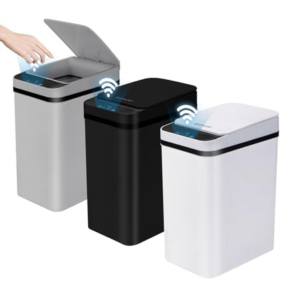 3 Pack Bathroom Trash Can with Lid, 2.5 Gallon Small Slim Trashcan, Automatic Trash Can Touchless, Motion Sensor Waterproof Plastic Trash Bin for Bedroom Kitchen Office Living Room (Black+Gray+White) - color: Black/White/Grey
