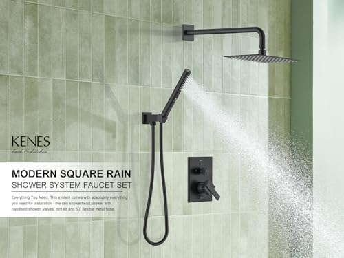 KENES Matte Black Rainfall Bathroom Shower System Rain Shower Head and Handle Set, Shower Faucet Set with 10-Inch Rain Showerhead and Handheld Spray, (Shower Valve Included), LJ-6026A-2 - color: Matte Black, style: Showerhead and Handheld