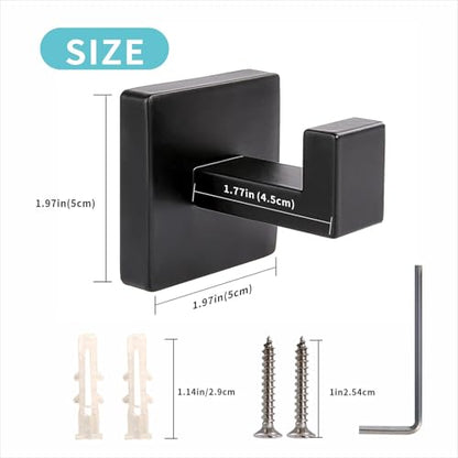 Matte Black Towel Hooks, SUS 304 Stainless Steel Robe Hooks, 2 Pack | Wall mounted bathroom hooks with matte black finish for towels, robes, coats and clothes; ideal for kitchen and bedroom