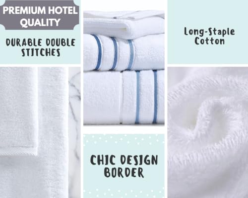 Bath Towels Set for Bathroom – Luxury 6-Piece Cotton Towels, Soft Absorbent & Quick Dry, 600 GSM Bath Towels for Bathroom, Hotel Spa Quality (White/Blue Azure, 6- Bath Towel Set) - color: White/Blue Azure