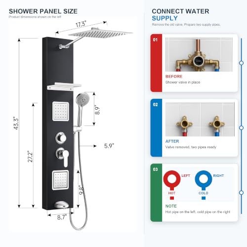 Shower Panel Tower System with Shelf, Tub Spout, Total 4 Body Spray & 5 Handheld Settings, Adjustable Height, Rainfall + Waterfall Shower Head Body Jet Massage