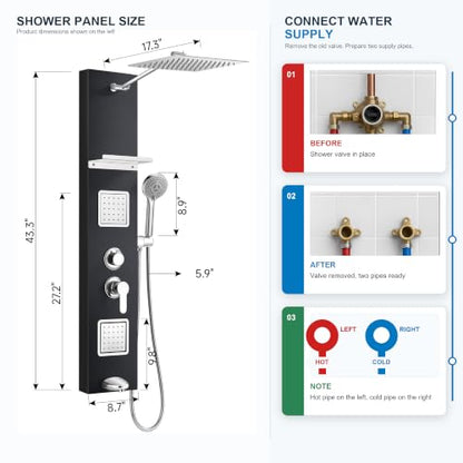 Shower Panel Tower System with Shelf, Tub Spout, Total 4 Body Spray & 5 Handheld Settings, Adjustable Height, Rainfall + Waterfall Shower Head Body Jet Massage