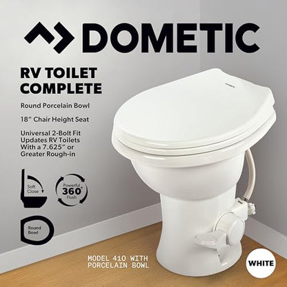 Dometic Model 410 Complete RV Toilet – Round Porcelain Bowl, Universal Fit & 2-Bolt Mount, 18" Chair Height Residential-Style, Gravity Flush Toilet with Soft-Close Seat, Bone (9610008260) | Universal Fit & 2-Bolt Mount, 18" Chair Height Residential-Style,
