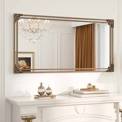 Keonjinn 48x24 Inch Gold Antique Vintage Mirror, Brass Baroque Mirror | Tempered Glass, Rectangle, Traditional Mantel Decoration, Wall Decor, Hallway, Fireplace, Entryway, Living Room, Anti-Rust - color: Antique Brass, size: 48"L x 24"W