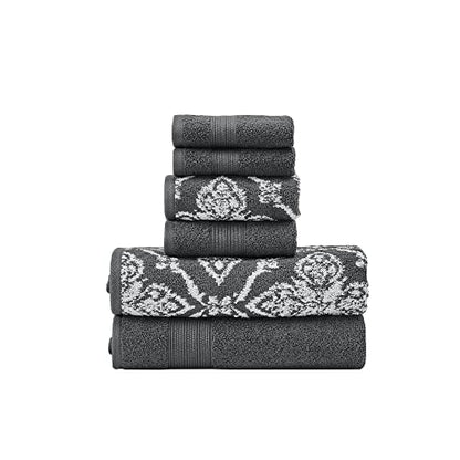 Modern Threads Amaris 6-Piece Reversible Yarn Dyed Jacquard Towel Set - Bath Towels, Hand Towels, & Washcloths - Super Absorbent & Quick Dry - 100% Combed Cotton, Coal - color: Charcoal Grey, size: Small, style: Bohemian