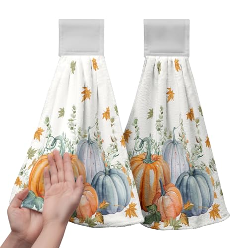 Fall Orange Blue Pumpkin Kitchen Hanging Towels Set of 2 Autumn Eucalyptus Maple Leaves Hand Towels with Hanging Loop Thanksgiving Dish Washcloth Soft Absorbent Bath Tie Towel - color: Orange Blue Pumpkin