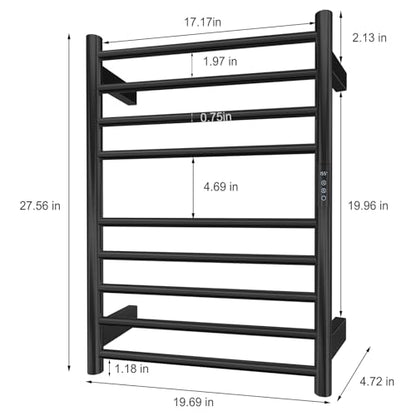 Black Heated Towel Rack for Bathroom Wall Mounted Hardwired | Heated Towel Bar, 9 Bars with Timer and Temp Control, Left or Right Side Plug-in/Hardwired, 304 Stainless Steel Matte Black - color: Matte Black