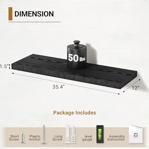 Vivelove Black Floating Shelves 36 Inch, 12 Inch Deep, Set of 2 | Invisible Brackets, Easy Mount Shelf with Hardware Kit, for Bathroom Bedroom Living Room Kitchen, Engineered Wood - color: Black, size: 35.4”wx12”dx1.5”h