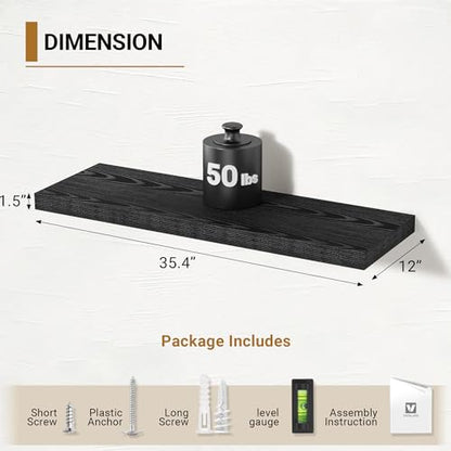 Vivelove Black Floating Shelves 36 Inch, 12 Inch Deep, Set of 2 | Invisible Brackets, Easy Mount Shelf with Hardware Kit, for Bathroom Bedroom Living Room Kitchen, Engineered Wood - color: Black, size: 35.4”wx12”dx1.5”h