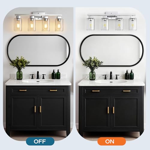 4-Light Bathroom Light Fixtures, Brushed Nickel Modern Vanity Lights, Bathroom Lighting Fixtures Over Mirror, Square Design Farmhouse Wall Sconces with Clear Glass Shades - color: Brushed Nickel, size: 4-Light