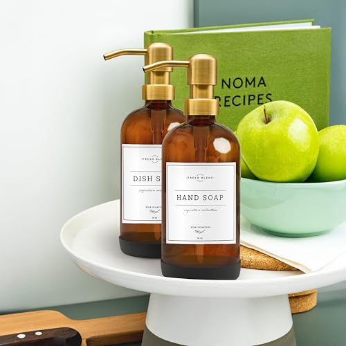 Vine Creations Amber Glass Soap Dispenser, 2 Pack Kitchen Soap Dispenser Set with Stainless Steel Pump, 16 oz Dish Soap and Hand Soap Dispensers for Bathroom with Waterproof Labels - color: Amber Bottle / Gold Pump