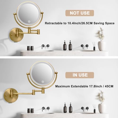Wall Mounted Makeup Mirror with Light and Magnification 10X, Antique Brass | 8" Bathroom Double Sided Magnifying Vanity, Touch Dimmable, Extended Arm 360 Rotation Foldable Shaving, Brushed, Rechargeable - color: Antique Brass