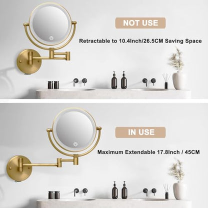 Wall Mounted Makeup Mirror with Light and Magnification 10X, Antique Brass | 8" Bathroom Double Sided Magnifying Vanity, Touch Dimmable, Extended Arm 360 Rotation Foldable Shaving, Brushed, Rechargeable - color: Antique Brass