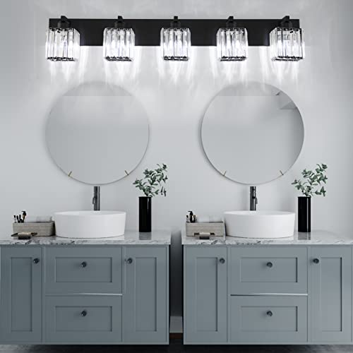 Aipsun Bathroom Vanity Light Black Light Fixtures 5 Light Crystal Vanity Light Modern Bathroom Lighting (Exclude Bulb) - color: Black, size: 40 inch