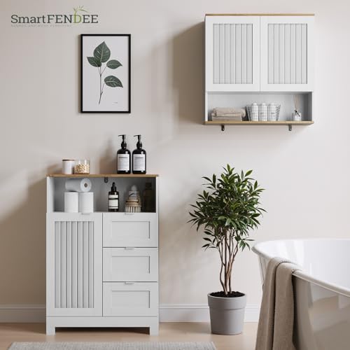 Smart FENDEE Bathroom Storage Cabinet with 3 Drawers, Floor Cabinet with Louvered Door, Freestanding Storage Unit for Bathroom, Kitchen, Living Room, White - size: 33.86" Small Floor Cabinet