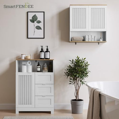 Smart FENDEE Bathroom Storage Cabinet with 3 Drawers, Floor Cabinet with Louvered Door, Freestanding Storage Unit for Bathroom, Kitchen, Living Room, White - size: 33.86" Small Floor Cabinet