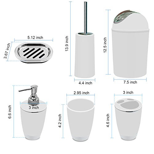 Bathroom Accessories Set, 6-Piece Plastic Gift Set, Toothbrush Holder, Toothbrush Cup, Soap Dispenser, Soap Dish, Toilet Brush Holder, Trash Can (White) - color: White