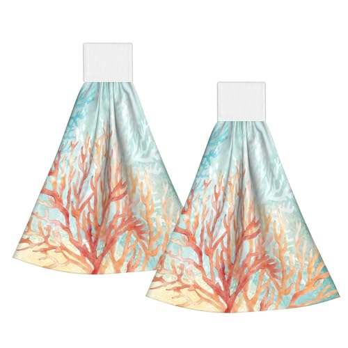Giwawa Coastal Coral Kitchen Hanging Towel Set of 2 Beach Ocean Washcloth Absorbent Fingertip Dish Tea Towels for Bathroom Laundry Tabletop Decor - color: Coastal Coral