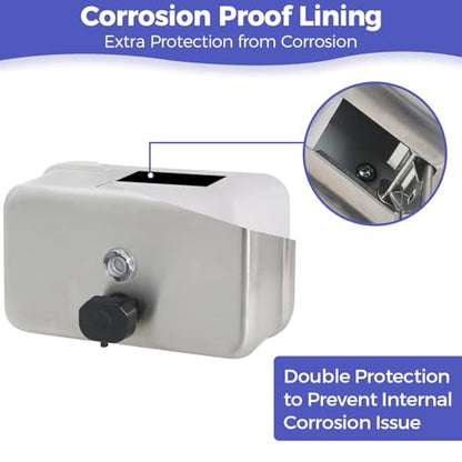 Stardrix Heavy Duty Stainless Steel Wall Mount Soap Dispenser, 1100ml/37oz, with Corrosion Proof Lining and Anti-Leak Pump for Commercial & Home Bathroom Kitchen (Horizontal) - size: Horizontal
