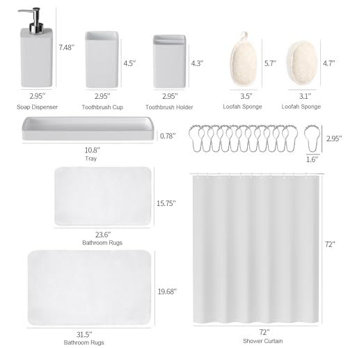 White Bathroom Set, White Bathroom Accessories Sets with Shower Curtain and No-Slip Bath Rugs, Natural Loofah Sponge, Soap Dispenser, Toothbrush Holder, Toothbrush Cup and Tray for Bathroom - size: Bath Set+Shower Curtain+Bath Rugs+2PCS Loofah, style: Whi