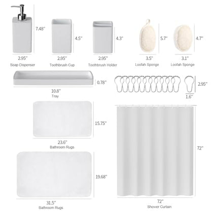 White Bathroom Set, White Bathroom Accessories Sets with Shower Curtain and No-Slip Bath Rugs, Natural Loofah Sponge, Soap Dispenser, Toothbrush Holder, Toothbrush Cup and Tray for Bathroom - size: Bath Set+Shower Curtain+Bath Rugs+2PCS Loofah, style: Whi