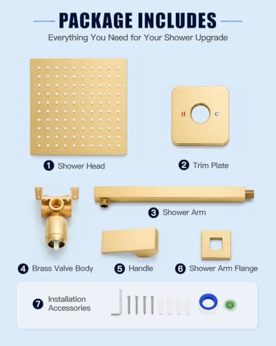 Heyalan 10 Inch Square Rain Shower Faucet Set with Valve, Brushed Gold | Female-thread 1/2-inch NPT connections, SUS304 shower head, brass rough-in valve, single-handle control Shower Set - color: Gold, size: 10 Inch Square Shower Head