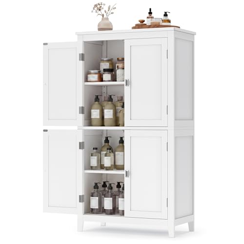 SONGMICS HOME Freestanding Storage Cabinet, Floor Cabinet with Elevated Legs, Metal Handles, for Living Room, Kitchen, Bathroom, White - color: White, style: 4 Doors (43.5"H)